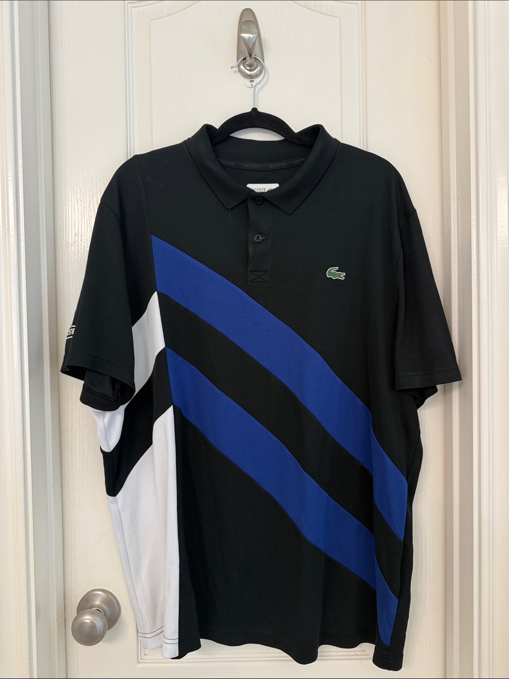 Lacoste Black Polo with Blue and White Diagonal Stripes and Green Croc Patch